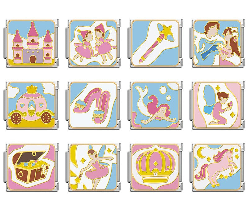 Magical Fairytale & Princess Charms – overview of 12 gold-framed enamel charms: pink castle, dancing fairies, magic wand, prince and princess dancing, pumpkin carriage, glass slippers, mermaid, kneeling fairy, treasure chest, dancing fairy, pink crown, and unicorn, Italian charm bracelet charms by Charmtastic
