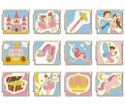 Magical Fairytale & Princess Charms – overview of 12 gold-framed enamel charms: pink castle, dancing fairies, magic wand, prince and princess dancing, pumpkin carriage, glass slippers, mermaid, kneeling fairy, treasure chest, dancing fairy, pink crown, and unicorn, Italian charm bracelet charms by Charmtastic