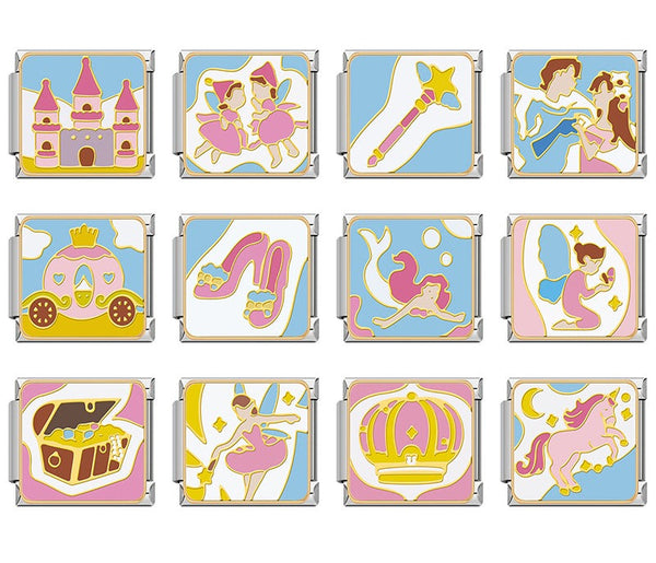 Magical Fairytale & Princess Charms – overview of 12 gold-framed enamel charms: pink castle, dancing fairies, magic wand, prince and princess dancing, pumpkin carriage, glass slippers, mermaid, kneeling fairy, treasure chest, dancing fairy, pink crown, and unicorn, Italian charm bracelet charms by Charmtastic