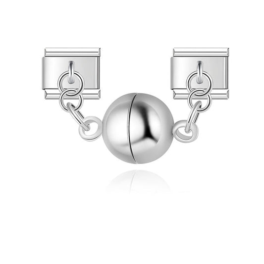 A 9mm Italian charm featuring two base links connected by delicate chains to a smooth, round magnetic split-sphere clasp. Available in polished silver and gold finishes.