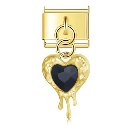 melted heart charms with gemstone silver&gold – melted heart charm with black crystal in gold, Italian charm bracelet charm by Charmtastic