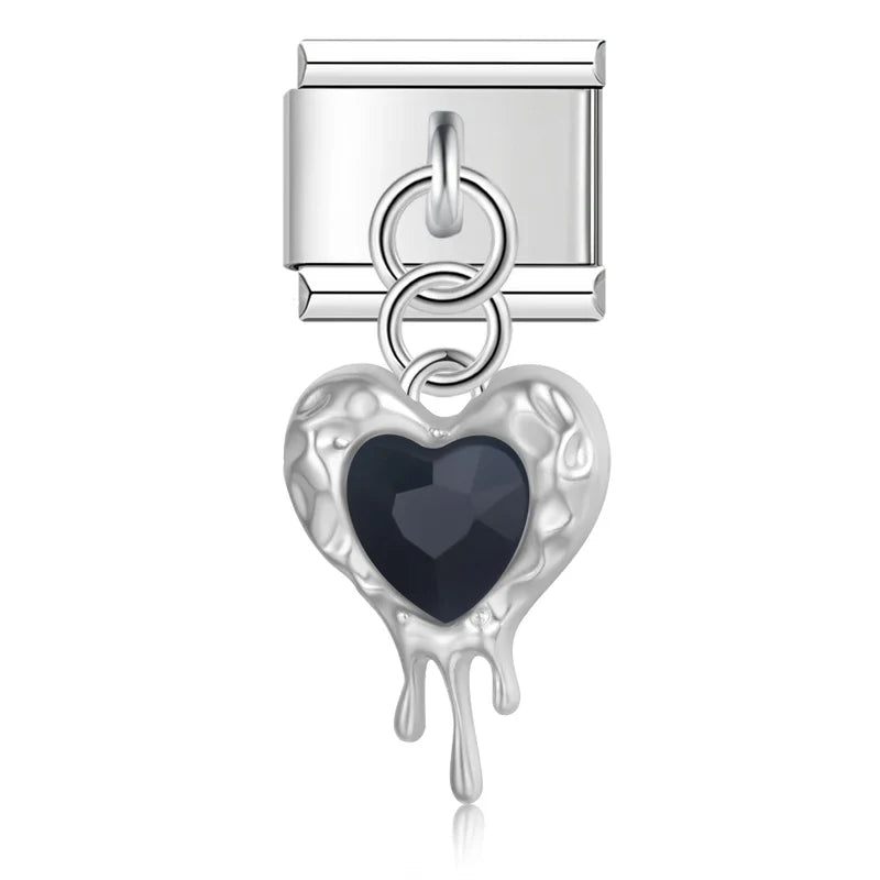 melted heart charms with gemstone silver&gold – melted heart charm with black crystal in silver, Italian charm bracelet charm by Charmtastic