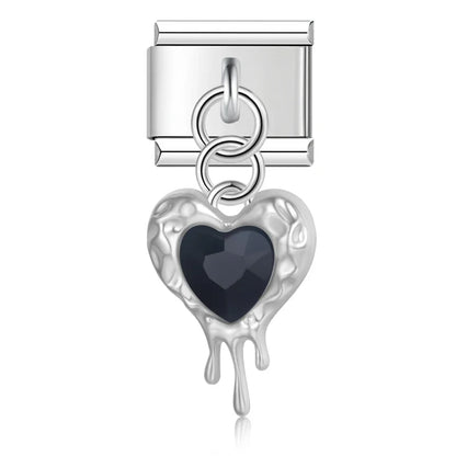 melted heart charms with gemstone silver&gold – melted heart charm with black crystal in silver, Italian charm bracelet charm by Charmtastic