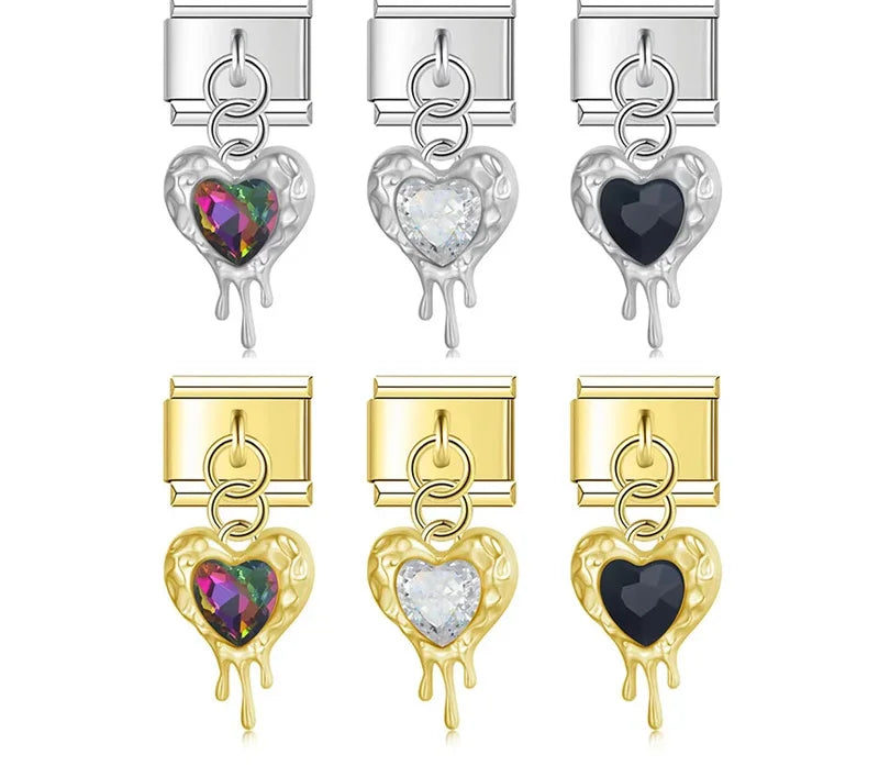 melted heart charms with gemstone silver&gold – melted heart charm with crystal in white, rainbow, and black, silver and gold, Italian charm bracelet charms by Charmtastic