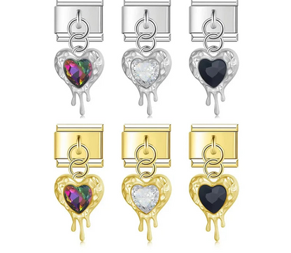 melted heart charms with gemstone silver&gold – melted heart charm with crystal in white, rainbow, and black, silver and gold, Italian charm bracelet charms by Charmtastic