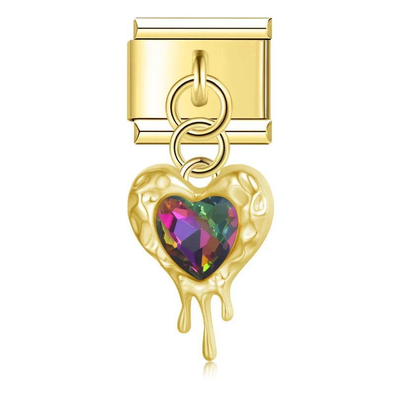 melted heart charms with gemstone silver&gold – melted heart charm with rainbow crystal in gold, Italian charm bracelet charm by Charmtastic