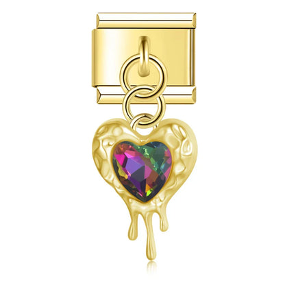 melted heart charms with gemstone silver&gold – melted heart charm with rainbow crystal in gold, Italian charm bracelet charm by Charmtastic