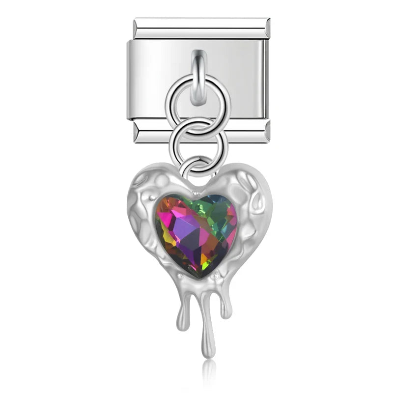 melted heart charms with gemstone silver&gold – melted heart charm with rainbow crystal in silver, Italian charm bracelet charm by Charmtastic