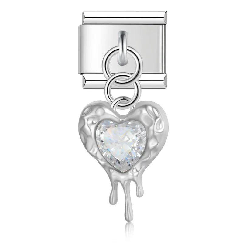 melted heart charms with gemstone silver&gold – melted heart charm with white crystal in silver, Italian charm bracelet charm by Charmtastic