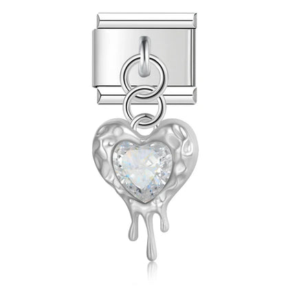 melted heart charms with gemstone silver&gold – melted heart charm with white crystal in silver, Italian charm bracelet charm by Charmtastic