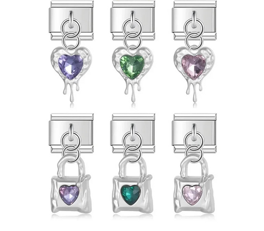 A set of 6 silver dangling Italian charms on 9mm modular links featuring melting metal heart and padlock designs with purple, green, and pink crystal centers - Charmtastic