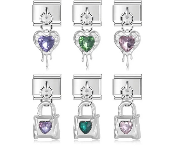 A set of 6 silver dangling Italian charms on 9mm modular links featuring melting metal heart and padlock designs with purple, green, and pink crystal centers - Charmtastic