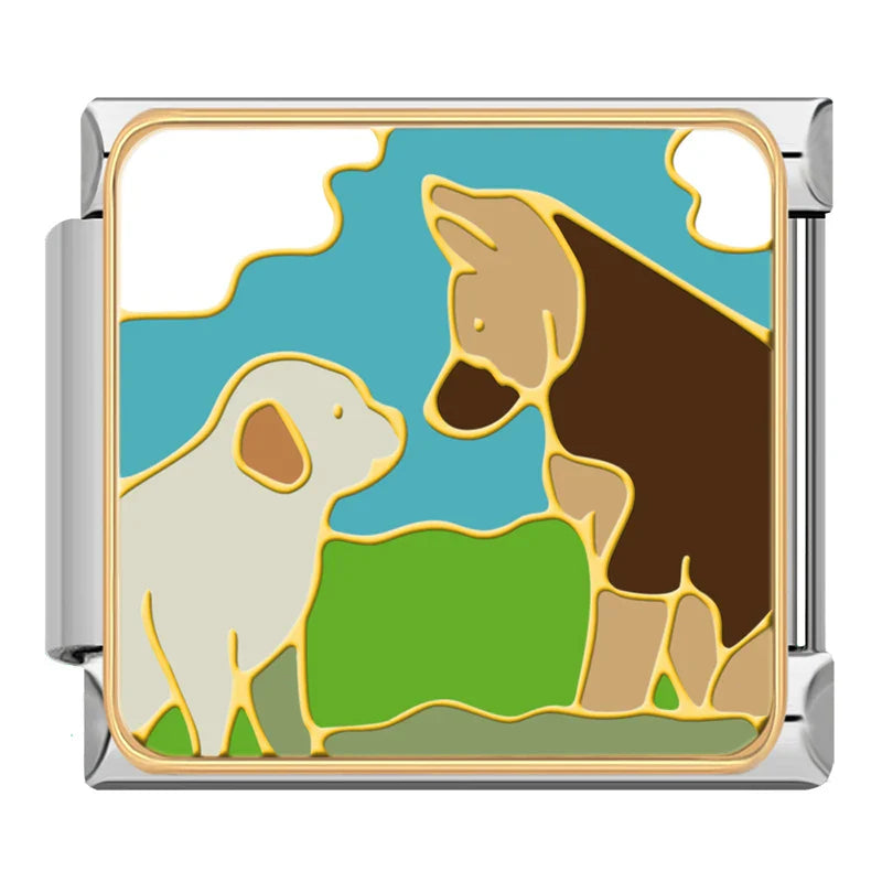 Mermaid Animal Book Story Italian Charms – brown dog and white lamb facing each other in a green field enamel charm, Italian charm bracelet charm by Charmtastic