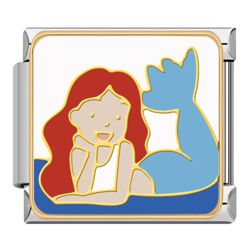Mermaid Animal Book Story Italian Charms – red-haired mermaid reclining with blue tail on white background enamel charm, Italian charm bracelet charm by Charmtastic