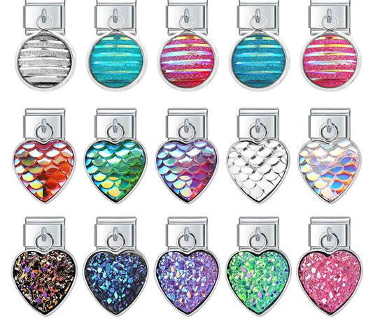 9mm silver Italian charm bracelet links featuring round glitter stripe dangles, iridescent mermaid scale hearts, and textured crushed crystal druzy hearts in various bright colors.