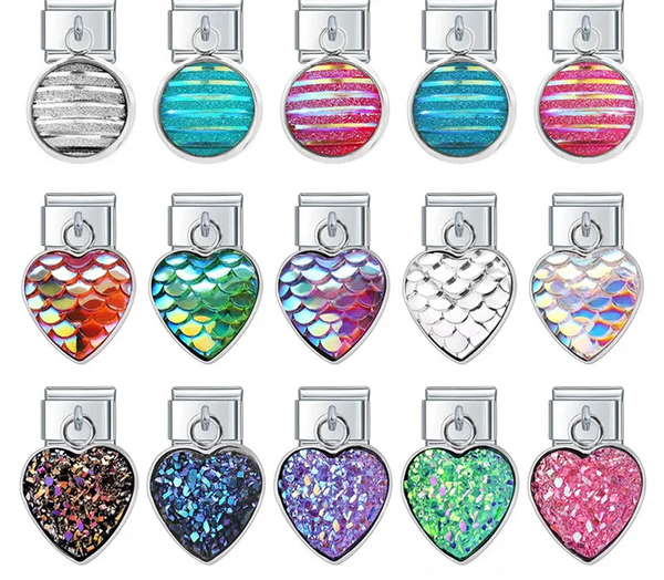 9mm silver Italian charm bracelet links featuring round glitter stripe dangles, iridescent mermaid scale hearts, and textured crushed crystal druzy hearts in various bright colors.