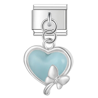 Mermaid Tail Heart charms – silver blue enamel heart charm with butterfly accent, Italian charm bracelet charm by Charmtastic