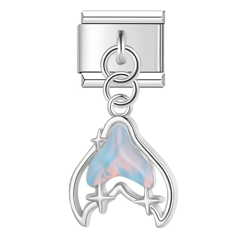 Mermaid Tail Heart charms – silver mermaid tail charm with iridescent blue and pink enamel, Italian charm bracelet charm by Charmtastic