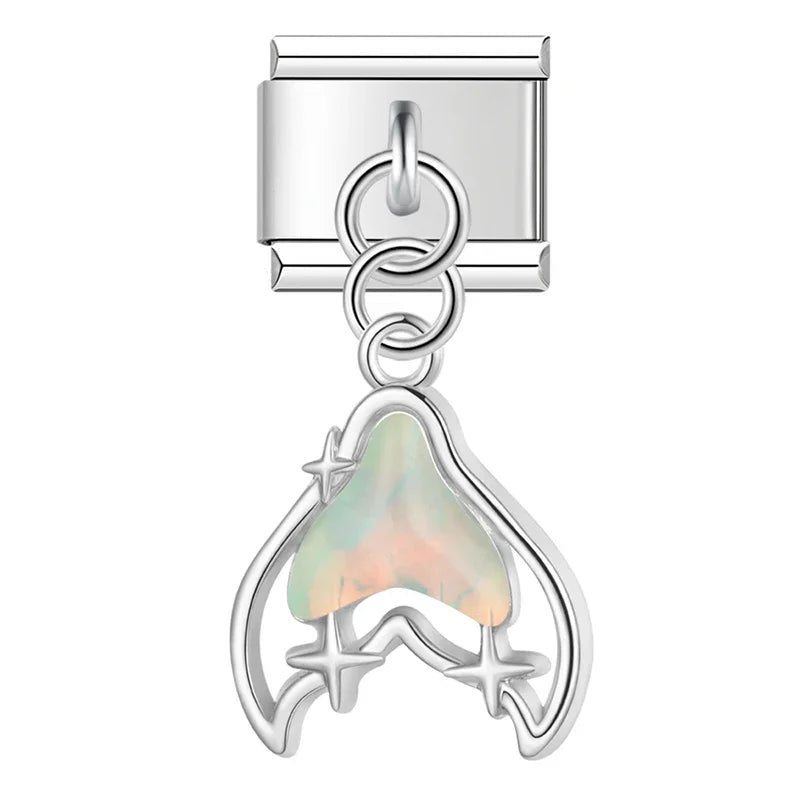 Mermaid Tail Heart charms – silver mermaid tail charm with iridescent green and peach enamel, Italian charm bracelet charm by Charmtastic