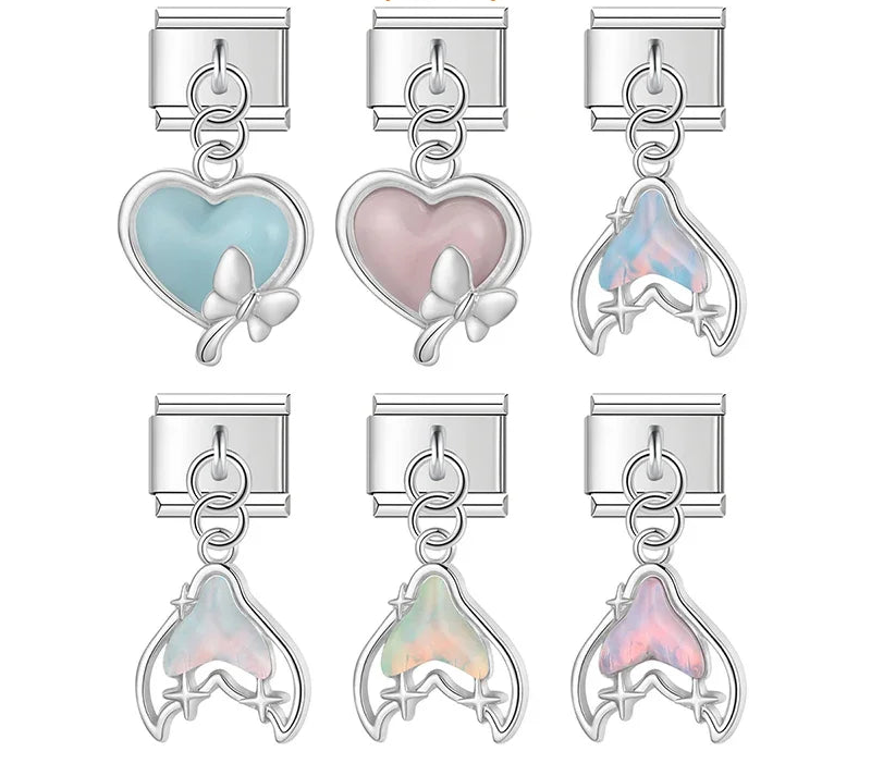 Mermaid Tail Heart charms – assorted silver enamel heart charms with butterfly accent and iridescent mermaid tail charms, Italian charm bracelet charms by Charmtastic