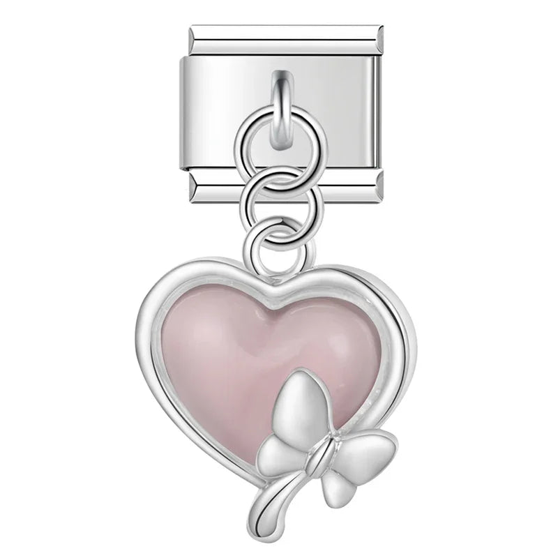 Mermaid Tail Heart charms – silver pink enamel heart charm with butterfly accent, Italian charm bracelet charm by Charmtastic