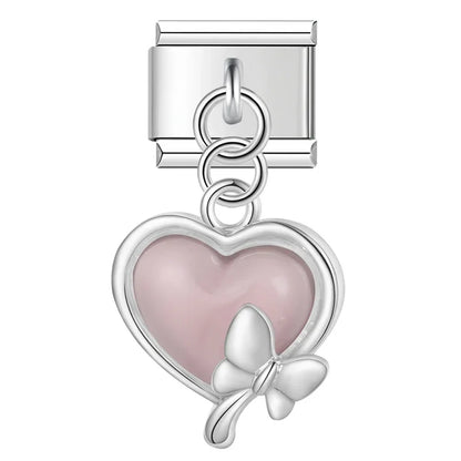 Mermaid Tail Heart charms – silver pink enamel heart charm with butterfly accent, Italian charm bracelet charm by Charmtastic