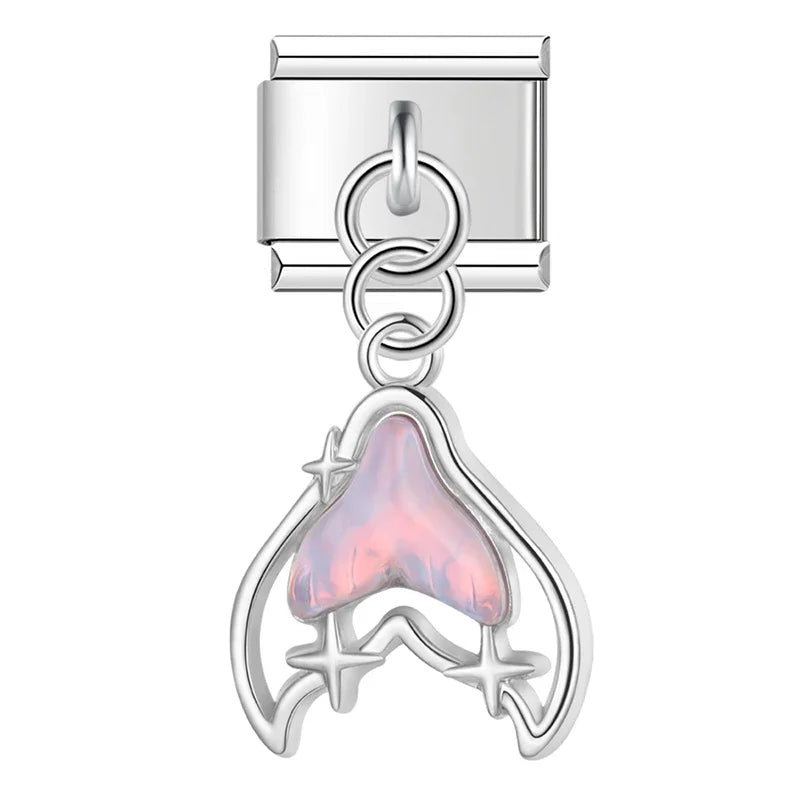 Mermaid Tail Heart charms – silver mermaid tail charm with iridescent pink enamel, Italian charm bracelet charm by Charmtastic