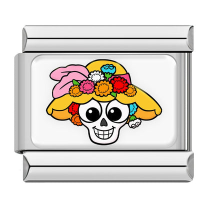 Mexican Fiesta and Heritage Italian Charms – smiling skull wearing a yellow flowered sun hat with pink ribbon enamel charm, Italian charm bracelet charm by Charmtastic