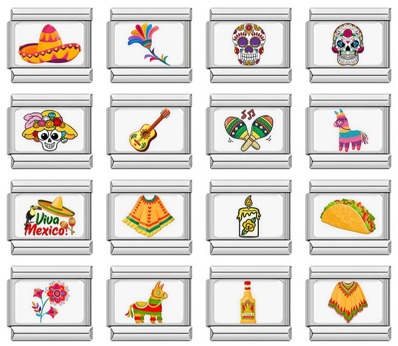 Mexican Fiesta and Heritage Italian Charms – overview of 16 enamel charms: pink and orange sombrero, colorful feather, purple-eyed sugar skull, floral sugar skull, skull in flower hat, guitar, maracas, piñata, Viva Mexico text with toucan, poncho, candle, taco, floral spray, donkey piñata, tequila bottle, and yellow poncho, Italian charm bracelet charms by Charmtastic