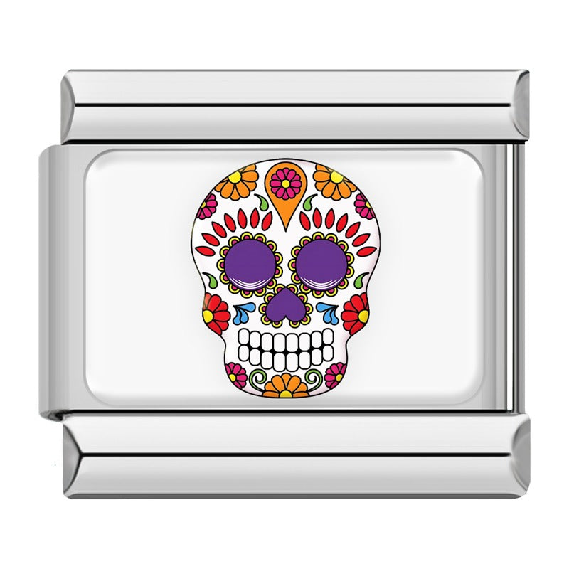 Mexican Fiesta and Heritage Italian Charms – white sugar skull with purple eyes and floral decorations enamel charm, Italian charm bracelet charm by Charmtastic