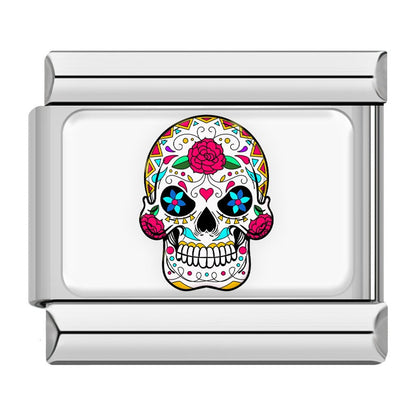 Mexican Fiesta and Heritage Italian Charms – white sugar skull with blue flower eyes and pink roses enamel charm, Italian charm bracelet charm by Charmtastic