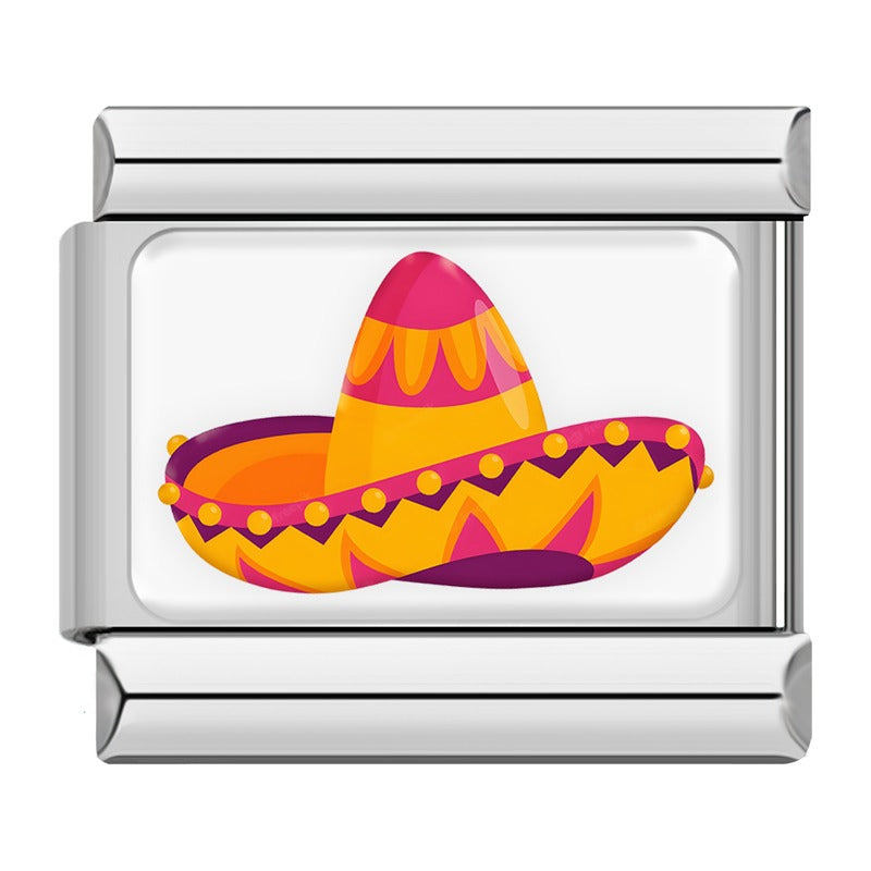 Mexican Fiesta and Heritage Italian Charms – pink and orange striped sombrero hat enamel charm, Italian charm bracelet charm by Charmtastic