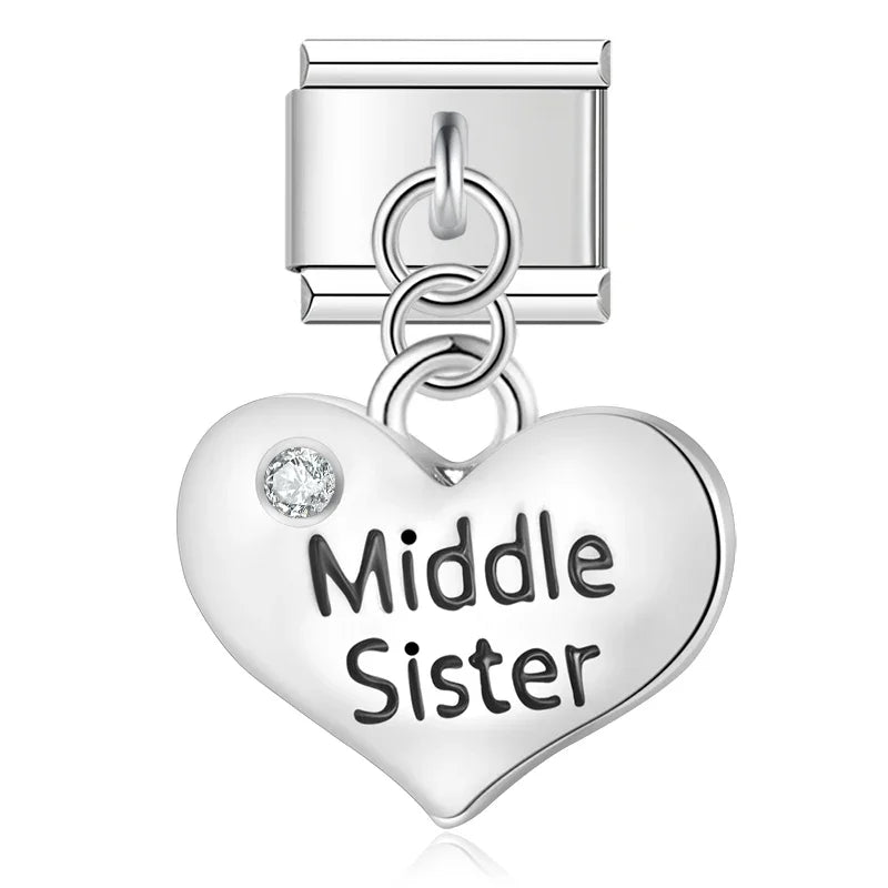Middle sister heart silver dangle Italian charm, by Charmtastic