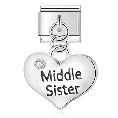 Middle sister heart silver dangle Italian charm, by Charmtastic