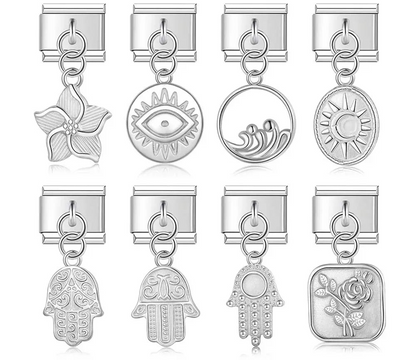 9mm silver Italian charm bracelet links featuring an embossed tropical flower, an evil eye medallion, ocean waves, a sun and moon, three styles of Hamsa hands, and a wild rose square.