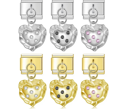 9mm Italian charm bracelet links featuring silver and gold wavy molten heart dangles embedded with clear, black, and pink crystals.