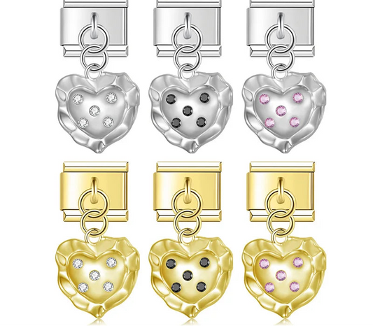 9mm Italian charm bracelet links featuring silver and gold wavy molten heart dangles embedded with clear, black, and pink crystals.