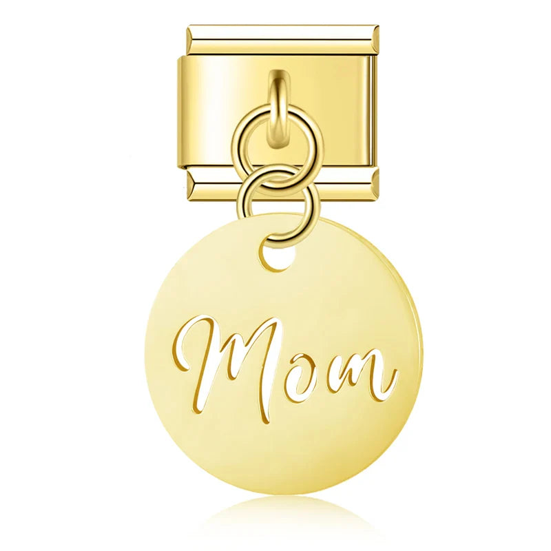 Mom Eye Round Heart Love charms silver&gold – gold engraved Mom disc charm, Italian charm bracelet charm by Charmtastic