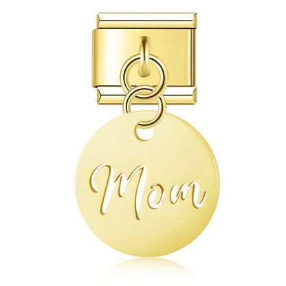 Mom Eye Round Heart Love charms silver&gold – gold engraved Mom disc charm, Italian charm bracelet charm by Charmtastic