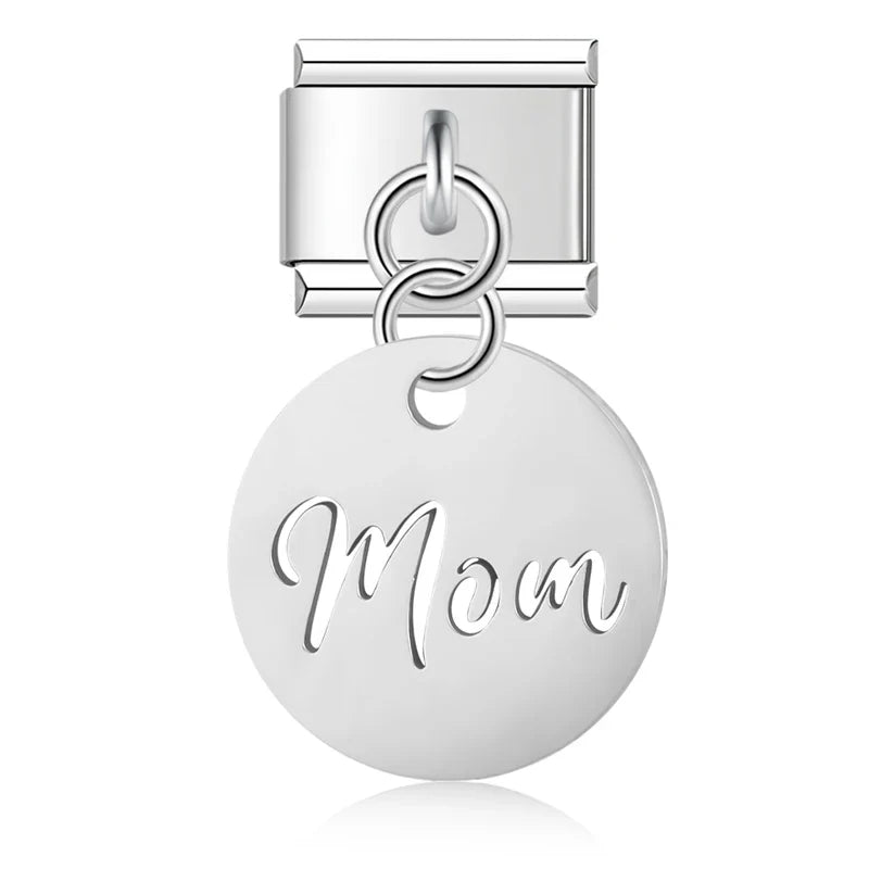 Mom Eye Round Heart Love charms silver&gold – silver engraved Mom disc charm, Italian charm bracelet charm by Charmtastic