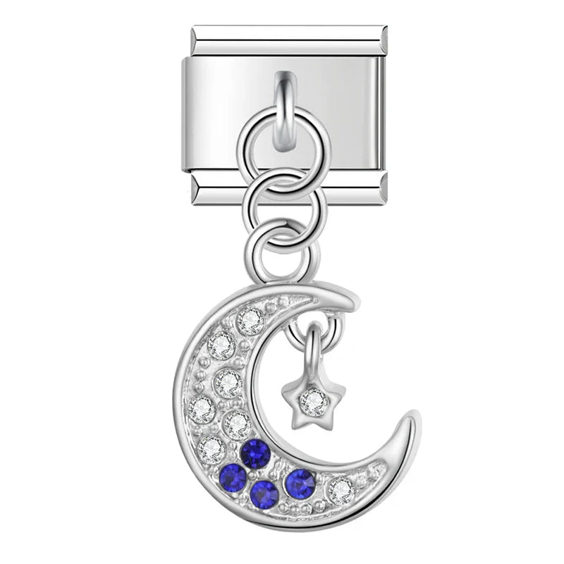 MoM Flower Heart Butterfly silver charms – silver crescent moon charm with blue CZ stones and star dangle, Italian charm bracelet charm by Charmtastic