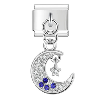 MoM Flower Heart Butterfly silver charms – silver crescent moon charm with blue CZ stones and star dangle, Italian charm bracelet charm by Charmtastic