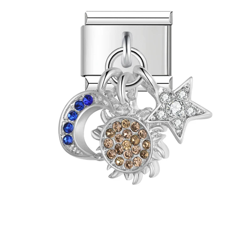 MoM Flower Heart Butterfly silver charms – silver moon, sunburst, and star charm cluster with CZ stones, Italian charm bracelet charm by Charmtastic