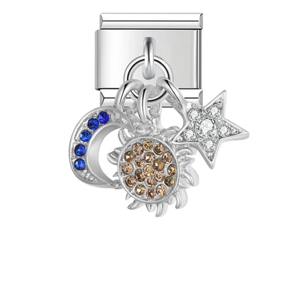 MoM Flower Heart Butterfly silver charms – silver moon, sunburst, and star charm cluster with CZ stones, Italian charm bracelet charm by Charmtastic