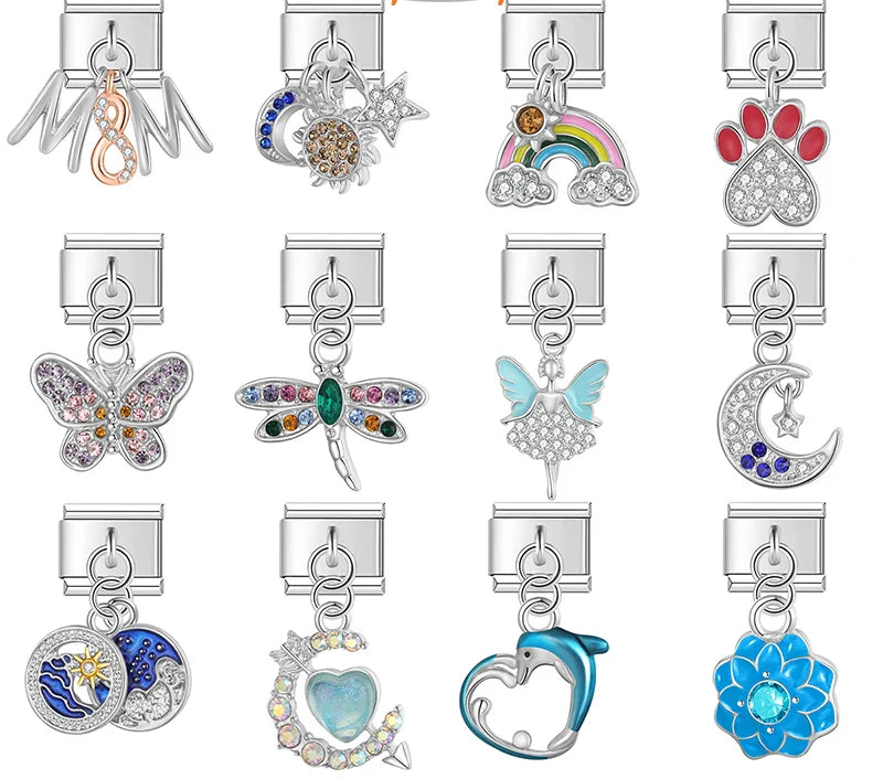 MoM Flower Heart Butterfly silver charms – assorted silver dangle charm set including MOM, moon, rainbow, butterfly, and flower designs, Italian charm bracelet charms by Charmtastic