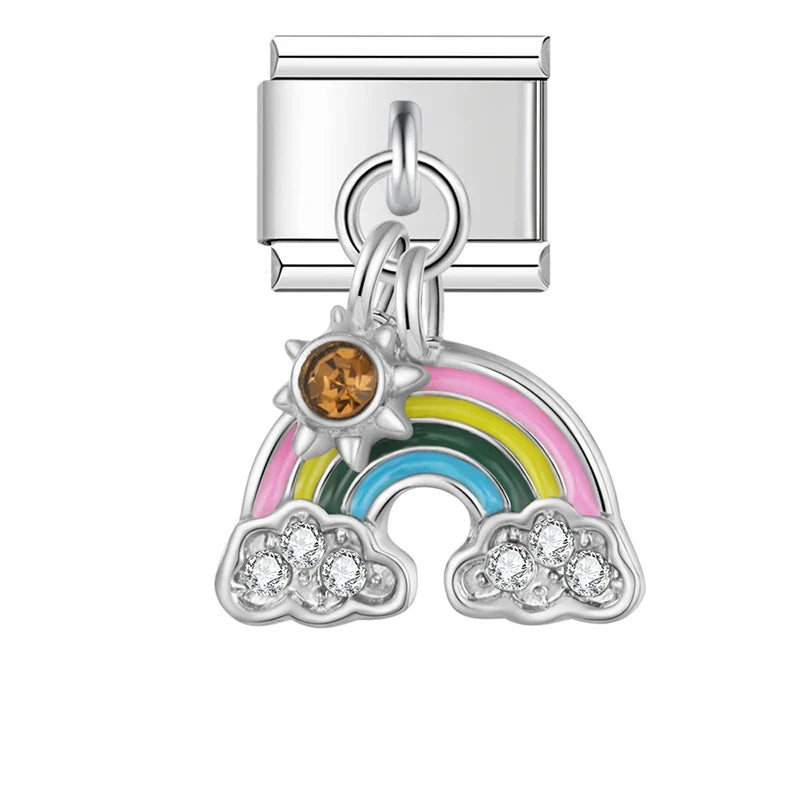 MoM Flower Heart Butterfly silver charms – silver rainbow charm with CZ clouds and enamel colors, Italian charm bracelet charm by Charmtastic