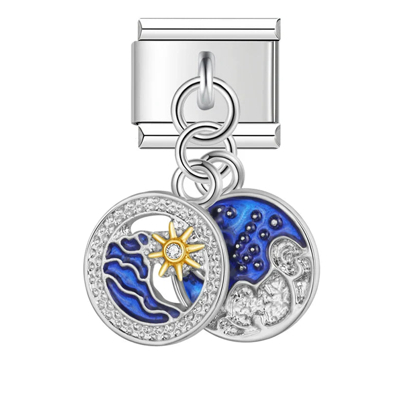 MoM Flower Heart Butterfly silver charms – silver sun and moon medallion charm pair, Italian charm bracelet charm by Charmtastic