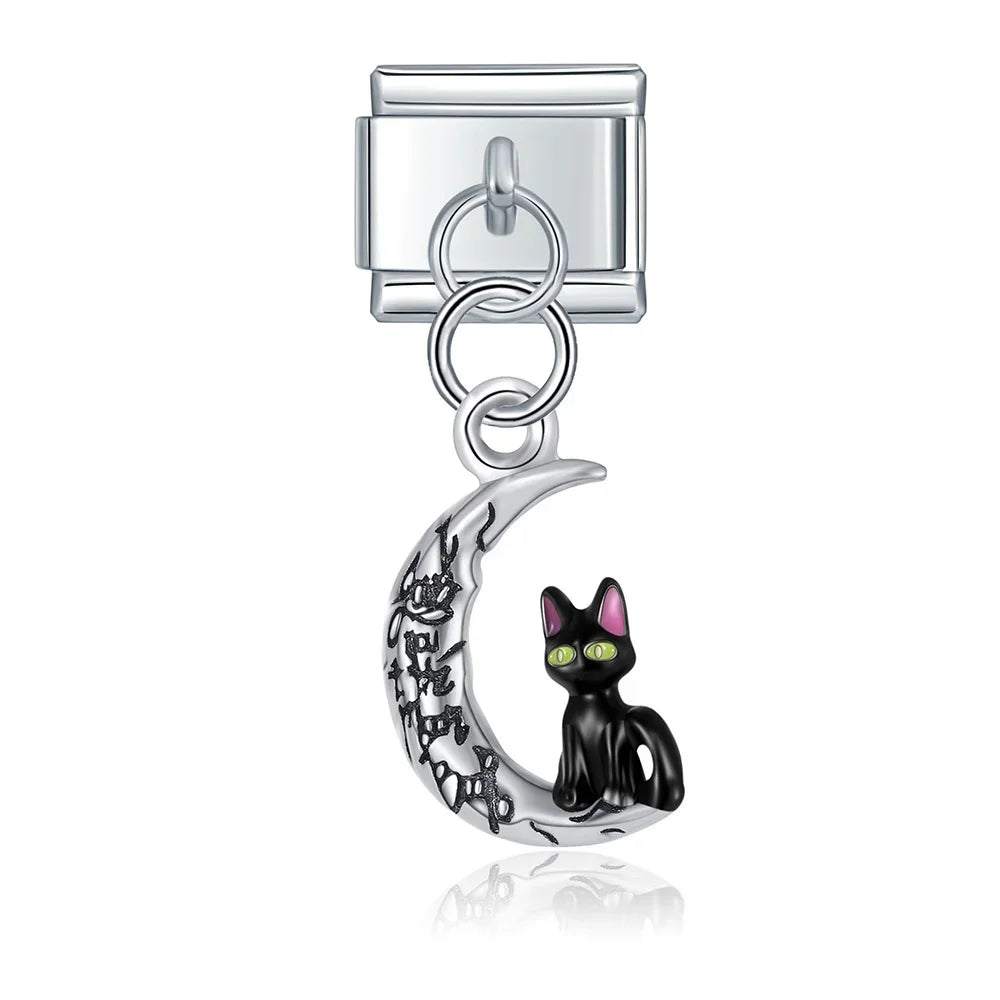 Moon Cat Love High Heel Zircon charms – silver black cat on crescent moon charm, Italian charm bracelet charm by Charmtastic