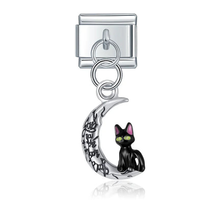Moon Cat Love High Heel Zircon charms – silver black cat on crescent moon charm, Italian charm bracelet charm by Charmtastic