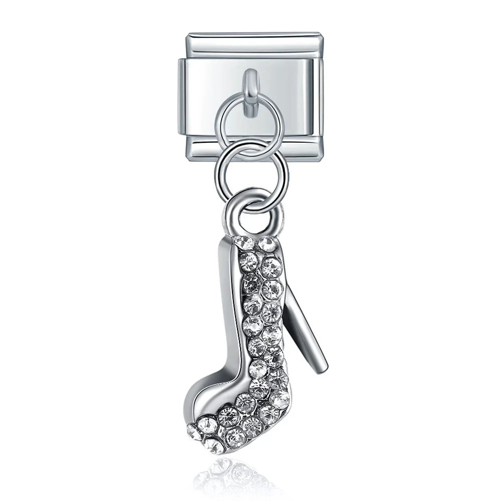 Moon Cat Love High Heel Zircon charms – silver high-heel shoe charm with clear zircon crystals, Italian charm bracelet charm by Charmtastic